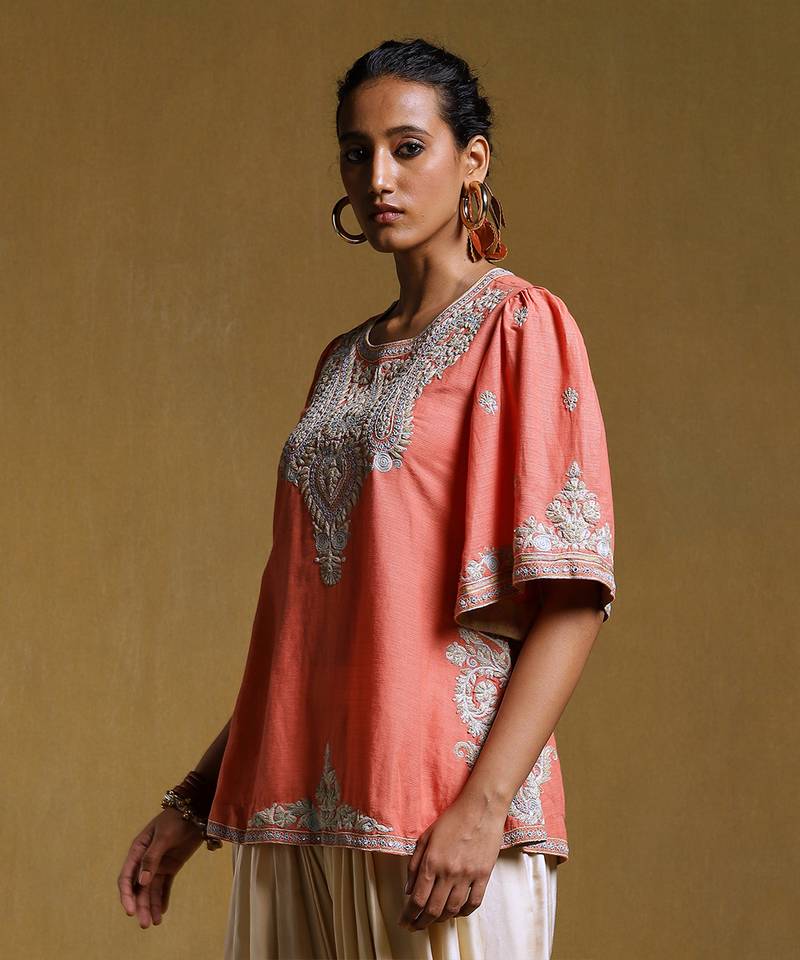 Peach Embroidered Kurti by RITU KUMAR