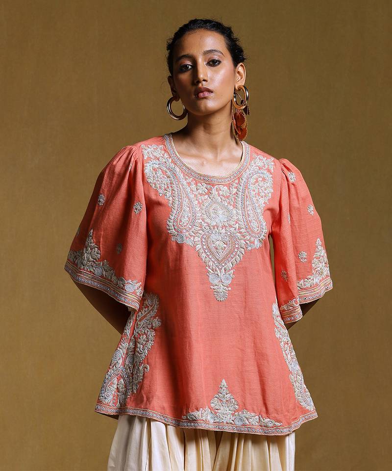 Peach Embroidered Kurti by RITU KUMAR