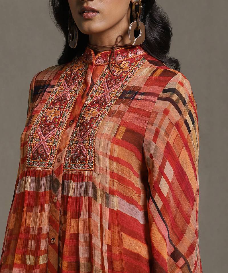 Rust Geometric Print Kurti by RITU KUMAR