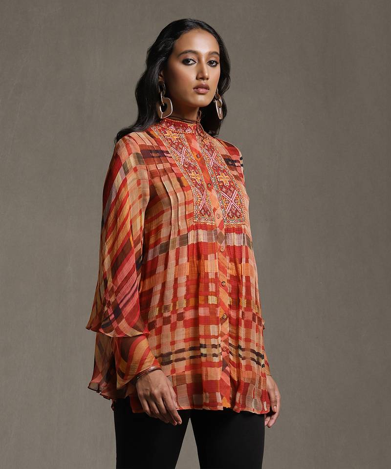 Rust Geometric Print Kurti by RITU KUMAR
