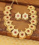 Red palakka Gold plated necklace with screw back earrings