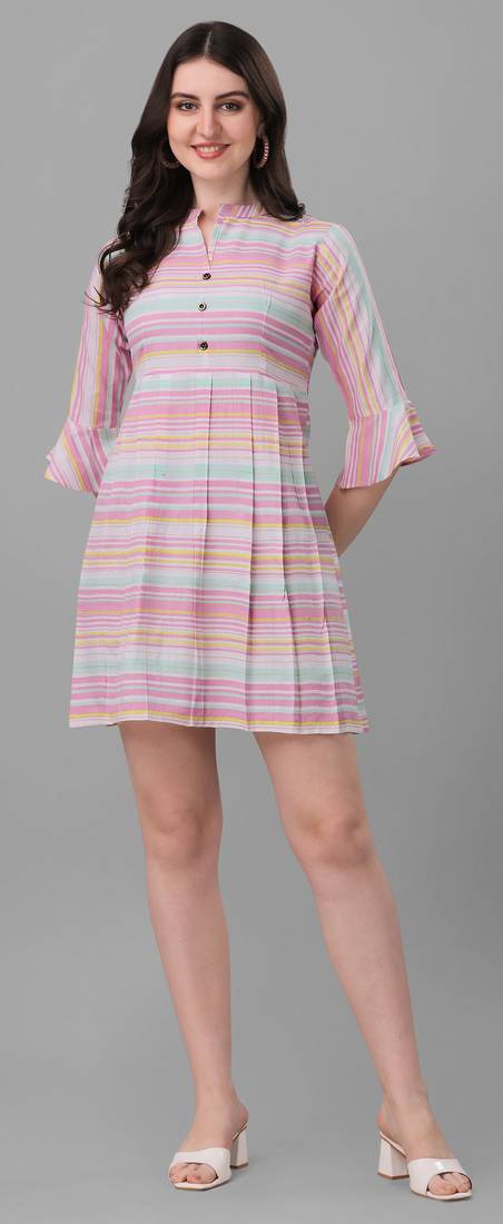 Gruhnaree Pink Floral Yoke Design Short Kurta