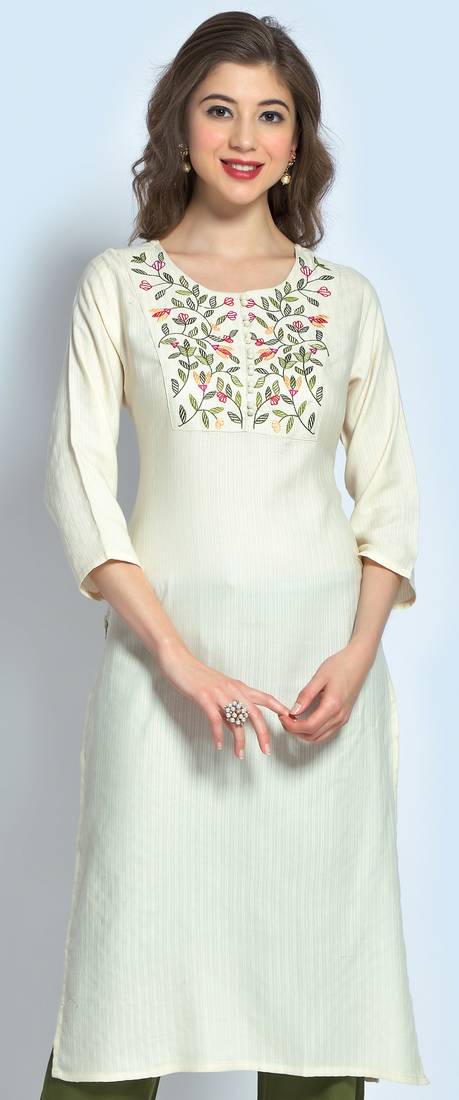 Gruhnaree Off-White Floral Yoke Design Short Kurta