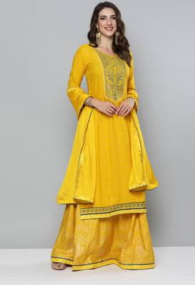 Yellow printed rayon stitched lehenga 1