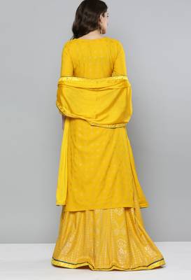 Yellow printed rayon stitched lehenga 2