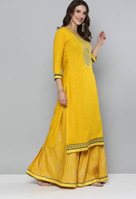 Yellow printed rayon stitched lehenga 3