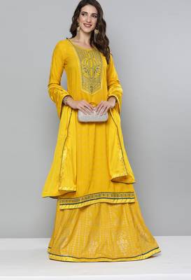 Yellow printed rayon stitched lehenga 4