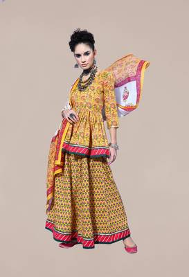 Yellow floral print cotton stitched lehenga 1