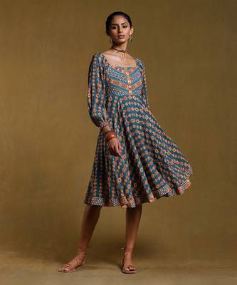 Teal Geometric Print Dress by RITU KUMAR 1