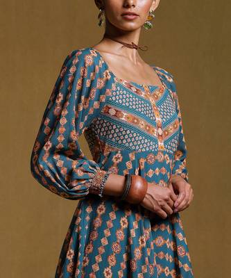 Teal Geometric Print Dress by RITU KUMAR 5