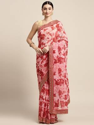 Red Embroidered Georgette Saree With Blouse 1