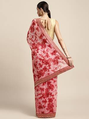 Red Embroidered Georgette Saree With Blouse 2