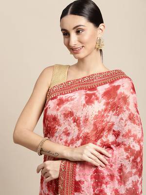 Red Embroidered Georgette Saree With Blouse 3