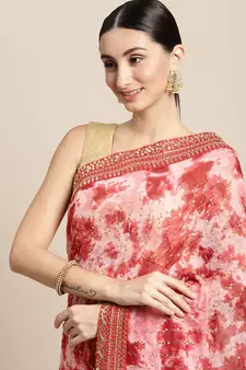 Red Embroidered Georgette Saree With Blouse