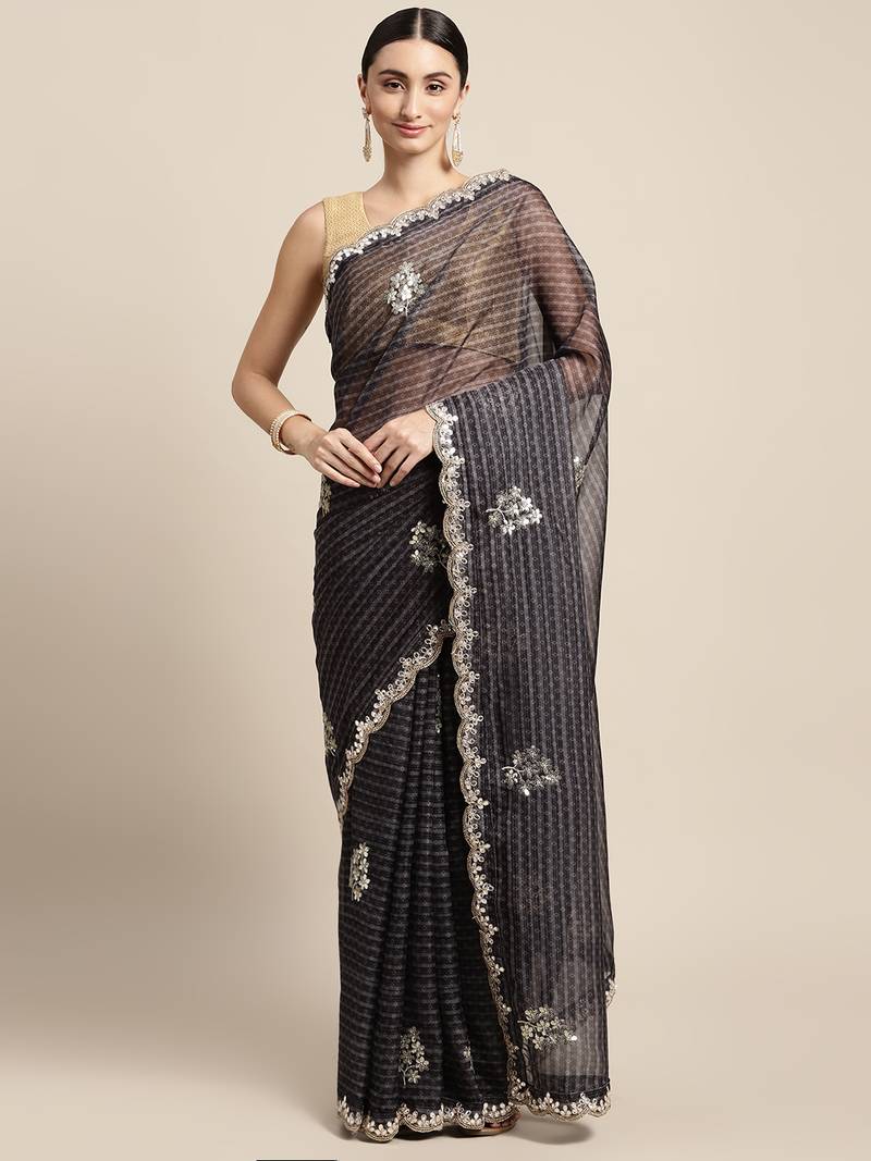 Black embroidered organza saree with blouse