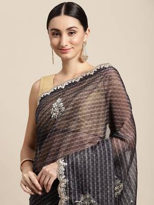 Black embroidered organza saree with blouse 3