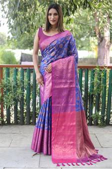 Royal Blue Woven silk blend Blend Saree With Blouse