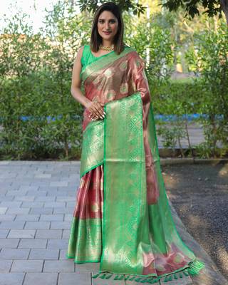 Peach woven silk blend saree with blouse 1