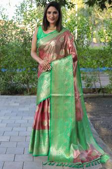 Peach woven silk saree with blouse
