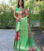 Peach woven silk saree with blouse