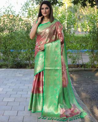 Peach woven silk blend saree with blouse 2