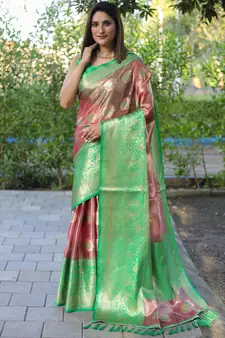 Peach woven silk blend saree with blouse