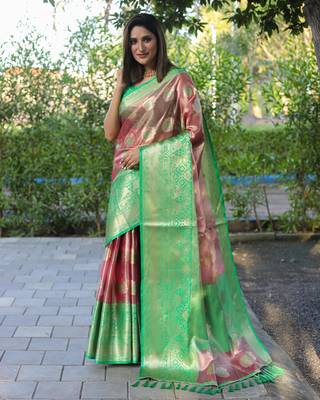 Peach woven silk blend saree with blouse 3
