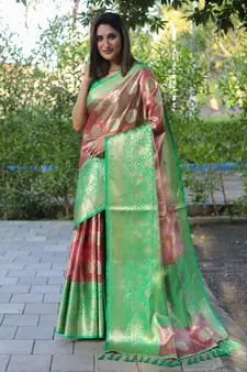 Peach woven silk blend saree with blouse
