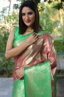 Peach woven silk blend saree with blouse