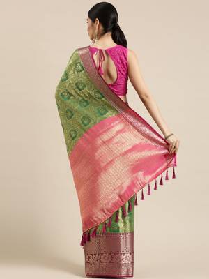 Green woven silk blend saree with blouse 3