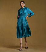 Teal Tiered Satin Dress by RITU KUMAR