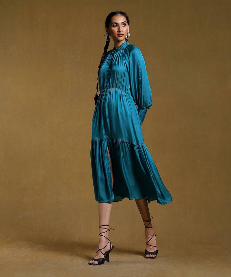 Teal Tiered Satin Dress by RITU KUMAR