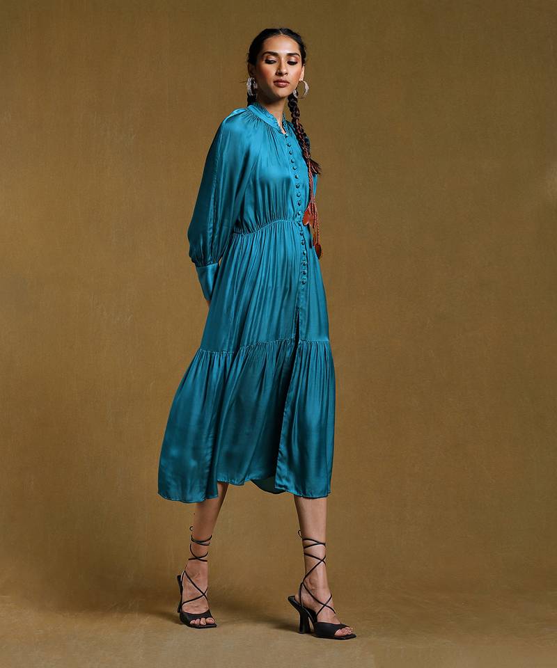 Teal Tiered Satin Dress by RITU KUMAR