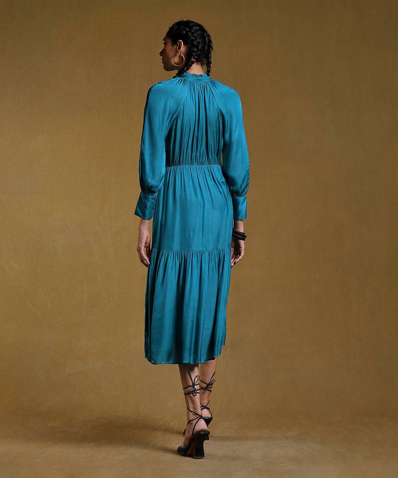 Teal Tiered Satin Dress by RITU KUMAR