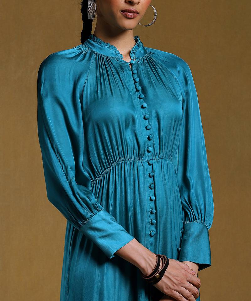 Teal Tiered Satin Dress by RITU KUMAR