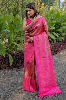 Rani Pink Woven silk blend Blend Saree With Blouse