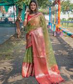 Green Woven Organza Saree With Blouse