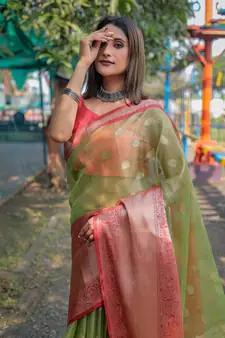 Green Woven Organza Saree With Blouse