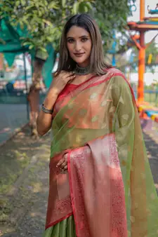 Green Woven Organza Saree With Blouse