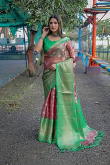 Peach Woven Organza Saree With Blouse