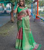 Peach Woven Organza Saree With Blouse