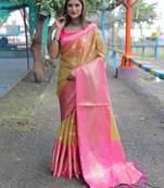 Yellow Woven Organza Saree With Blouse