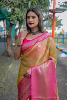 Yellow Woven Organza Saree With Blouse