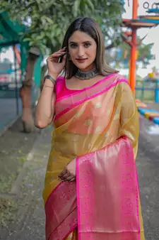 Yellow Woven Organza Saree With Blouse