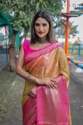 Yellow Woven Organza Saree With Blouse 4