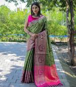 Green Woven silk blend Blend Saree With Blouse
