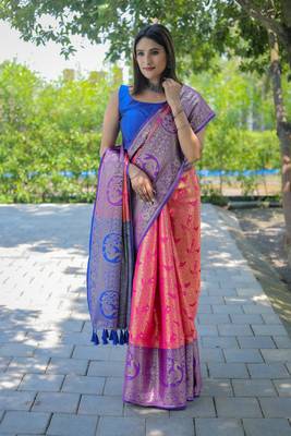 Rani Pink Woven silk blend Blend Saree With Blouse 1