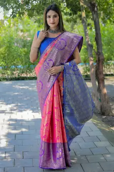 Rani Pink Woven silk blend Blend Saree With Blouse