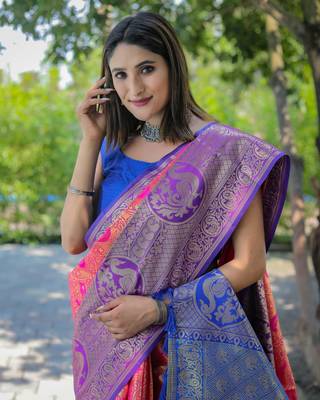 Rani Pink Woven silk blend Blend Saree With Blouse 3
