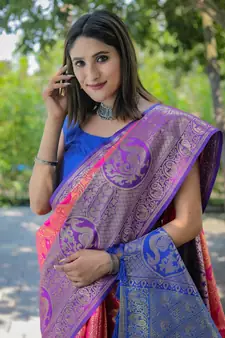 Rani Pink Woven silk blend Blend Saree With Blouse